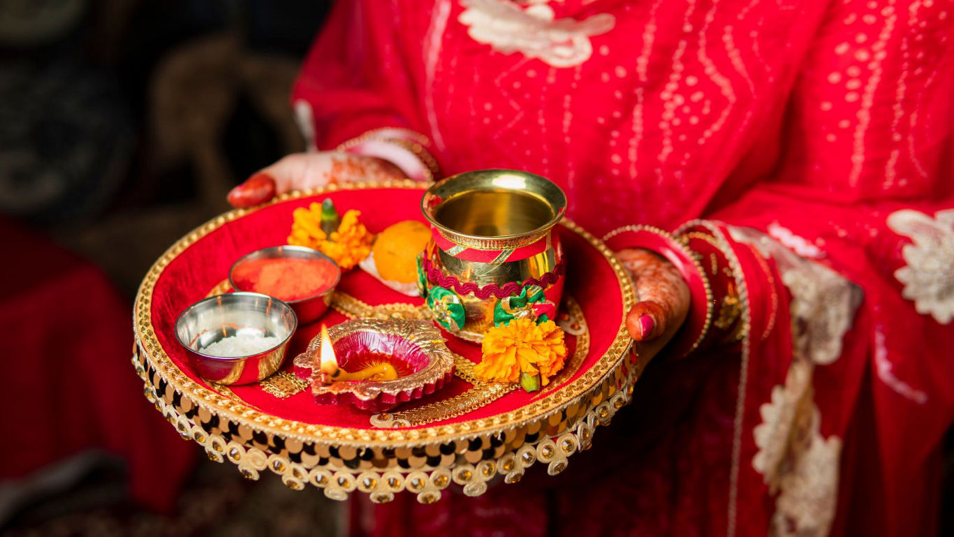 Traditional Indian ritual tray with offerings