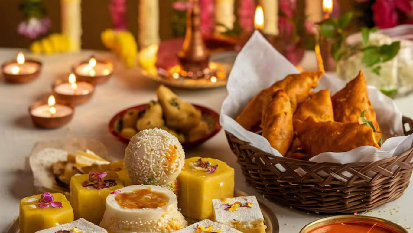 Festive Indian sweets and snacks display