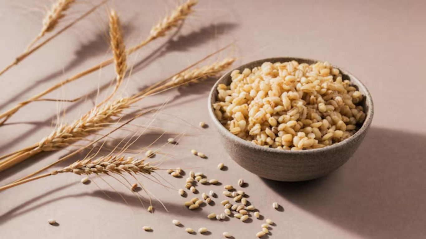Bowl of Cooked Barley with Wheat Stalks