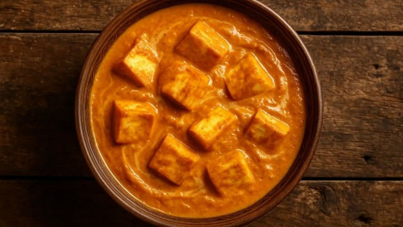 Paneer cubes in creamy orange curry sauce bowl