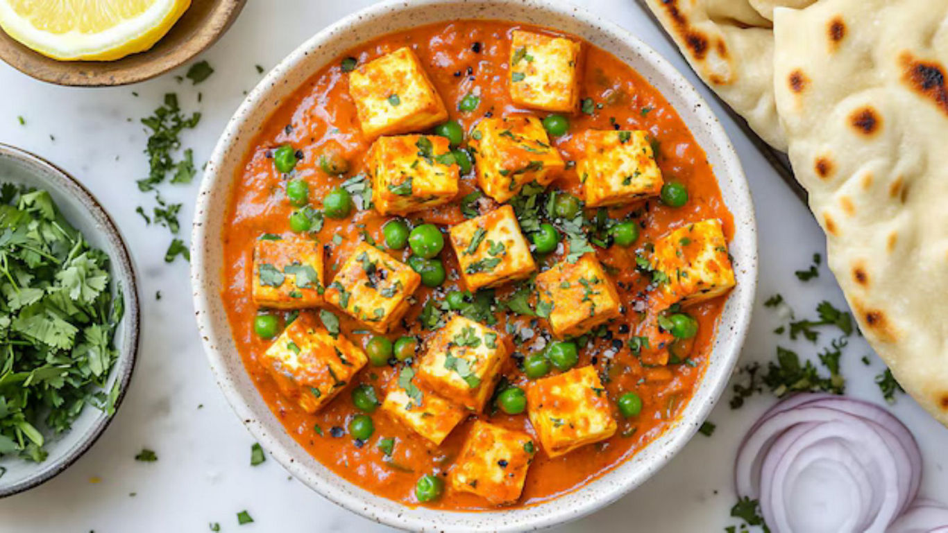 Paneer curry with peas and naan bread