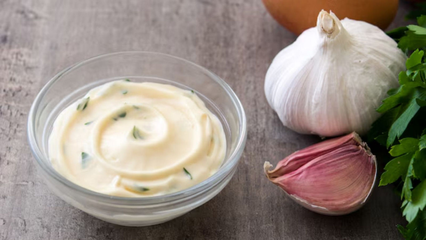 Garlic Aioli in Glass Bowl with Fresh Ingredients
