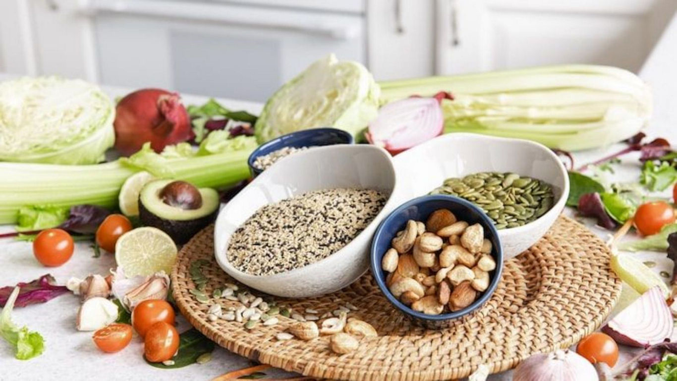Assorted Nuts, Seeds, and Vegetables on Kitchen Counter