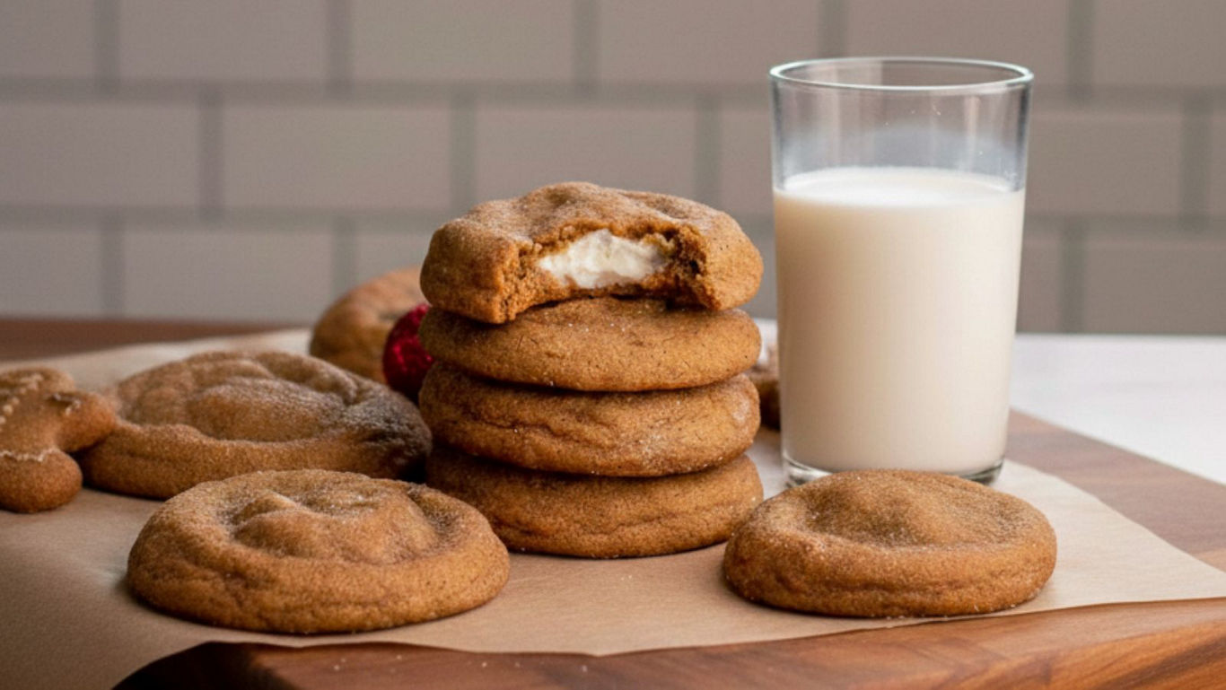 Stacked cookies with milk on table