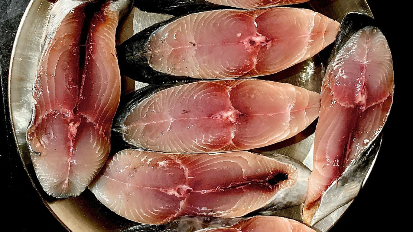 Raw fish steaks arranged on metal plate