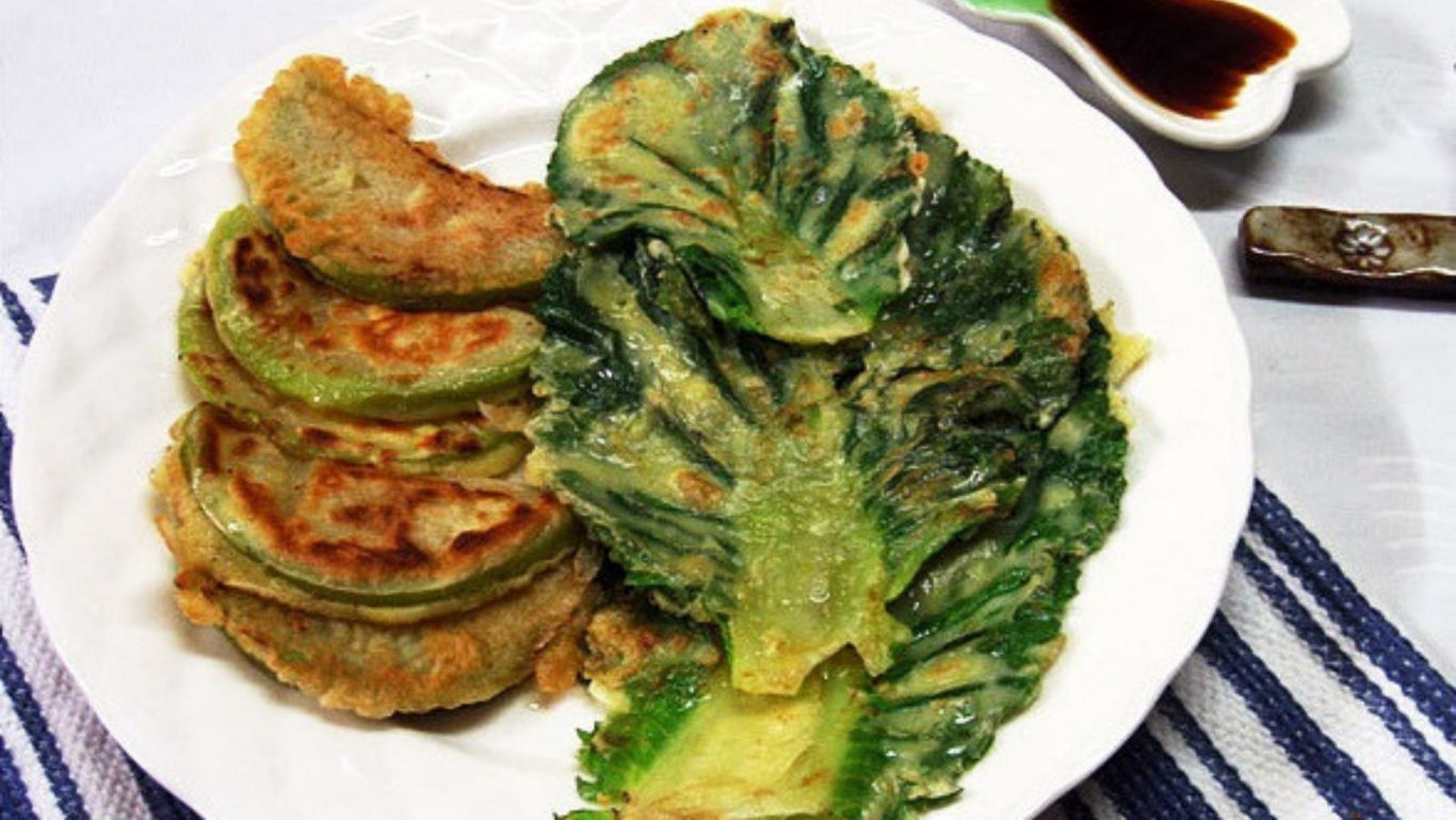 Korean Vegetable Pancakes on White Plate with Sauce