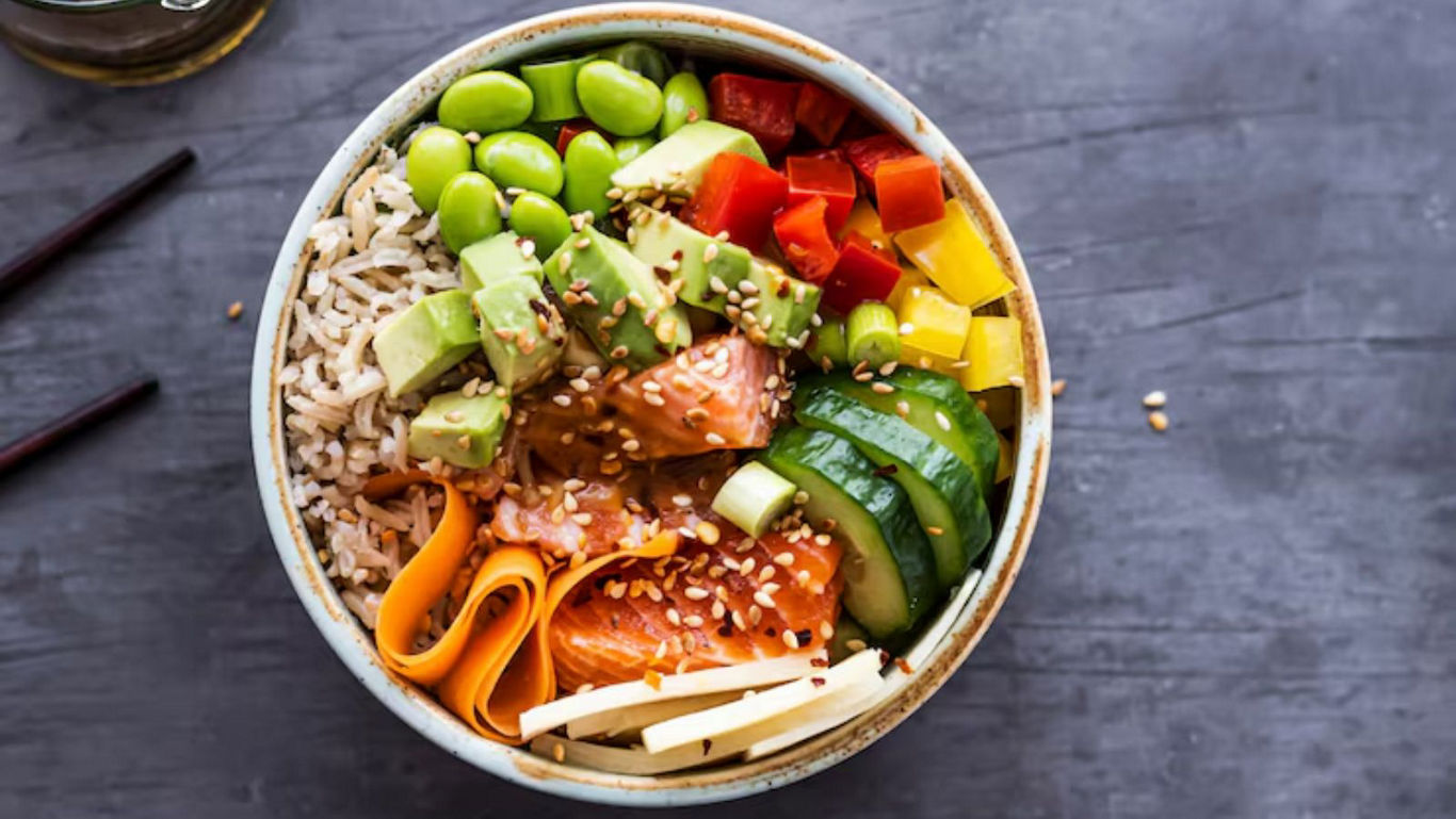Colorful poke bowl with fresh ingredients