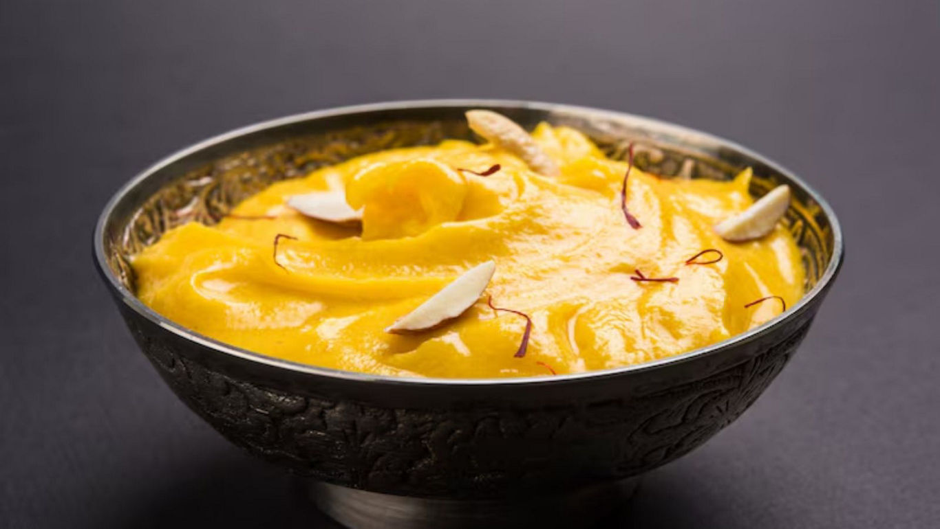 Traditional saffron mango dessert in bowl