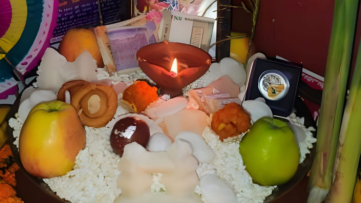 Traditional offering with fruits and lamp