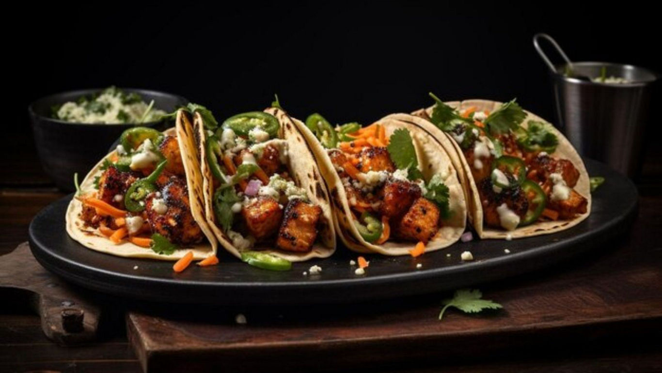 Four grilled chicken tacos with toppings