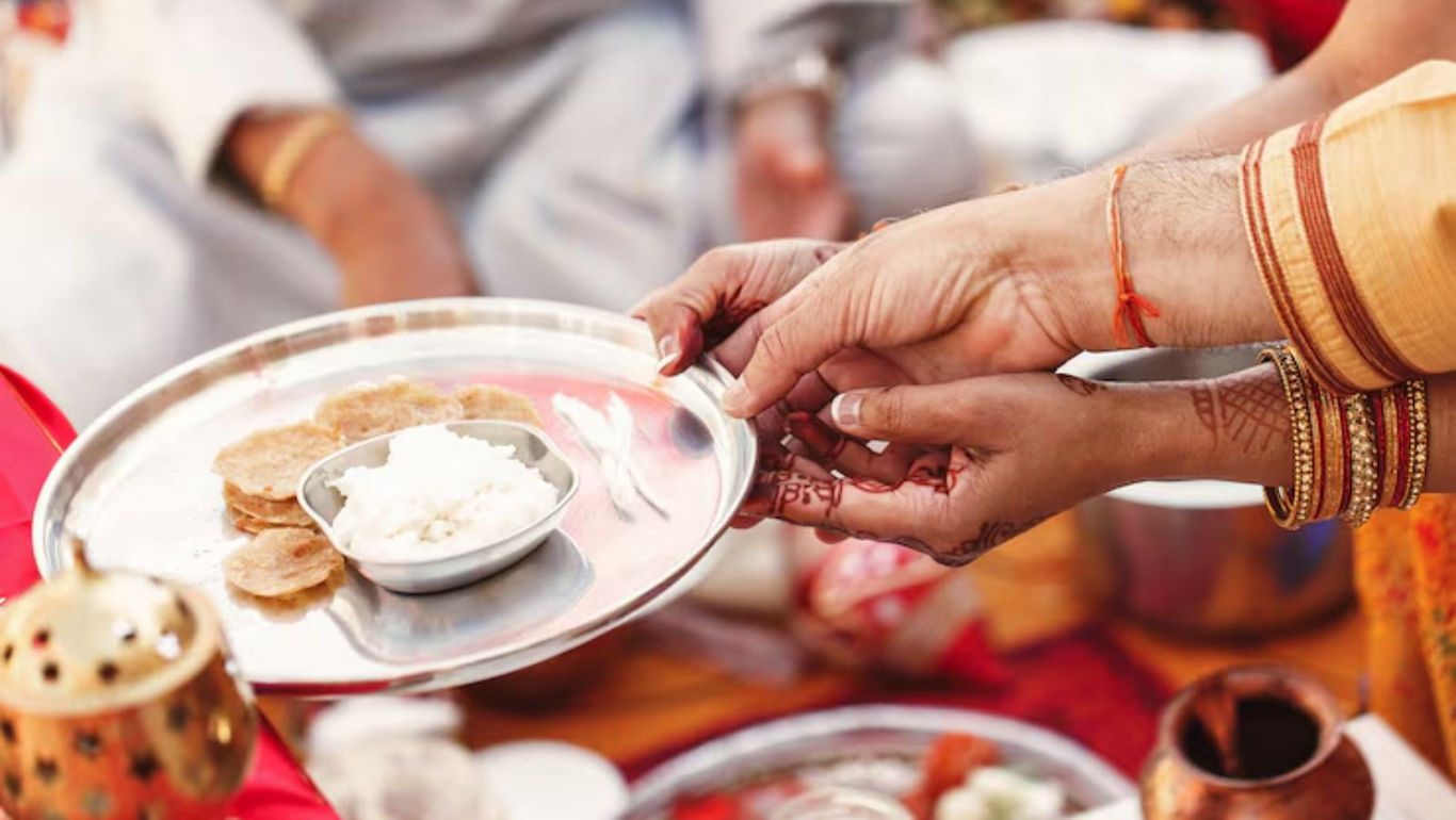Traditional Indian Ritual with Food Offering