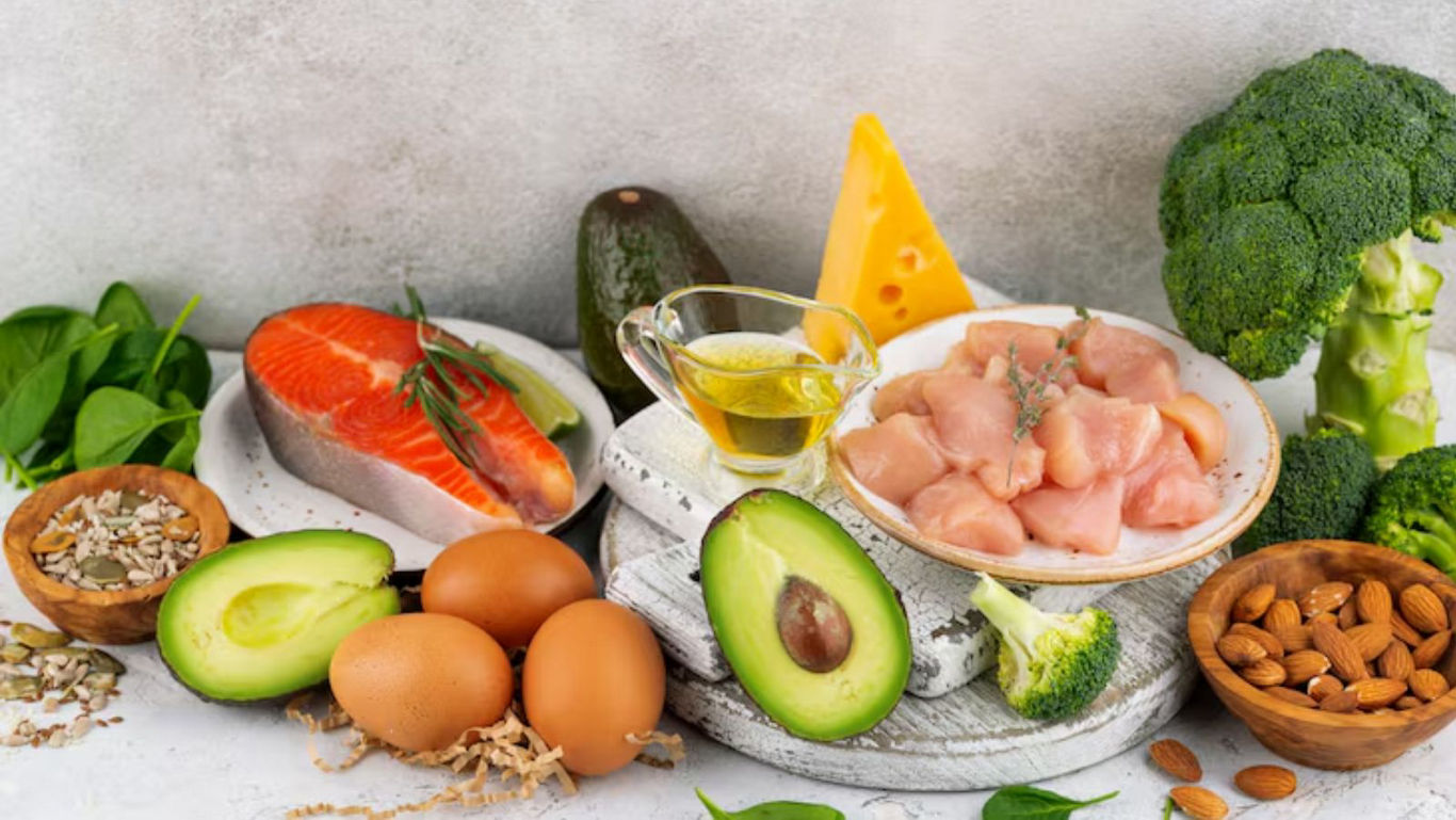 Assorted Healthy Foods with Salmon, Avocado, and Broccoli