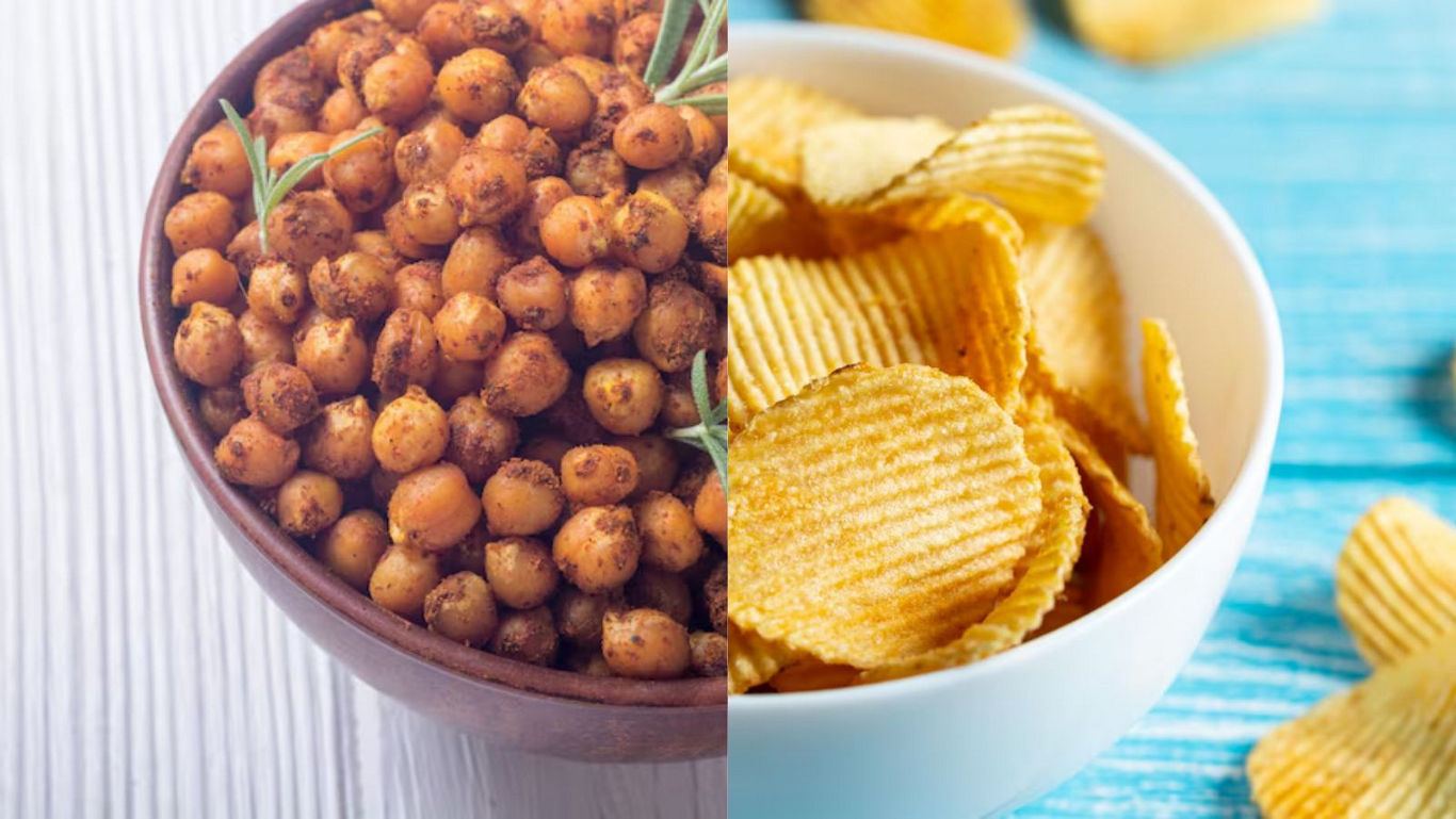 Spiced Chickpeas and Potato Chips in Bowls