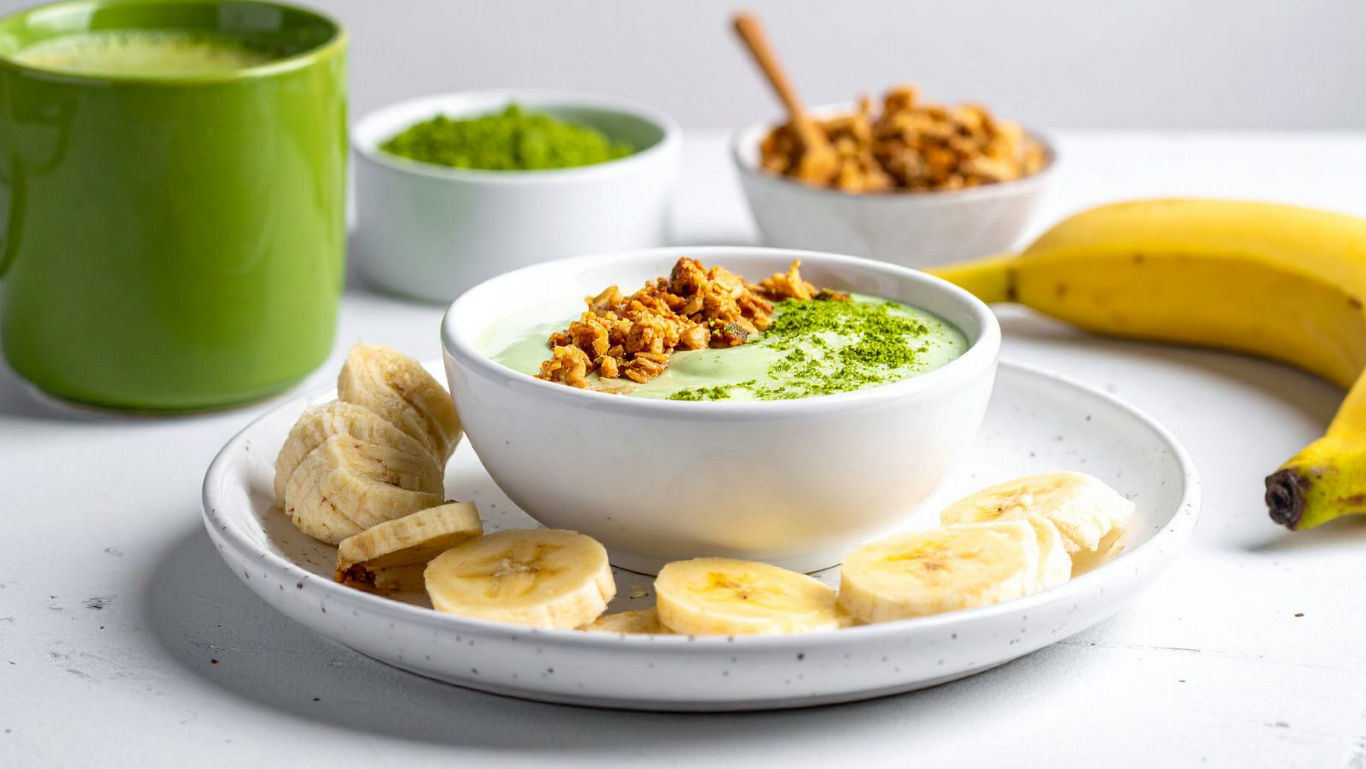 Matcha Yogurt Bowl with Granola and Banana Slices