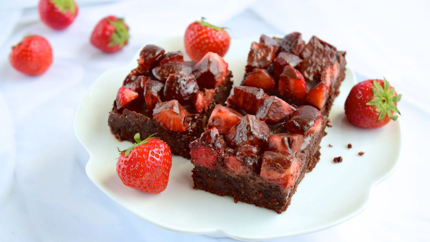Chocolate Strawberry Brownie Bars on White Plate