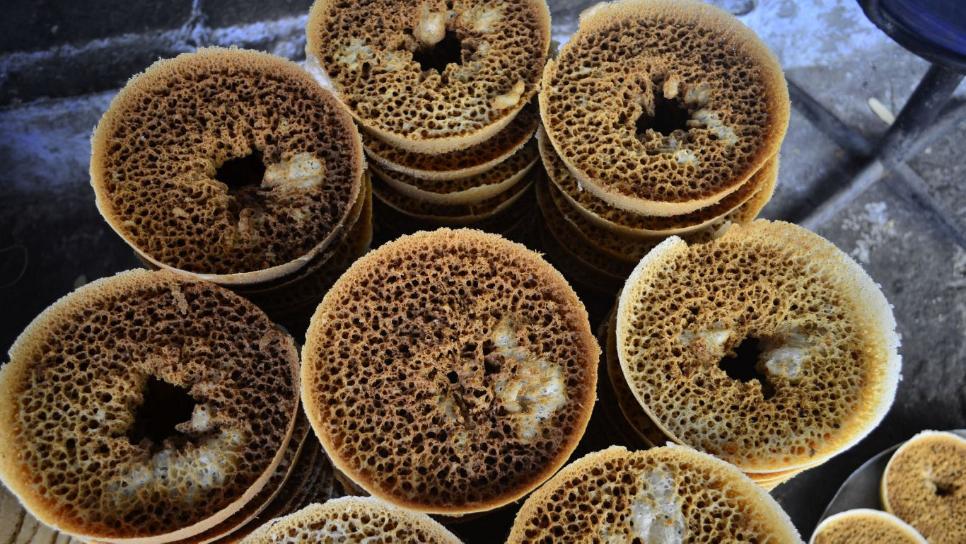 Stacked honeycomb textured pancakes in market