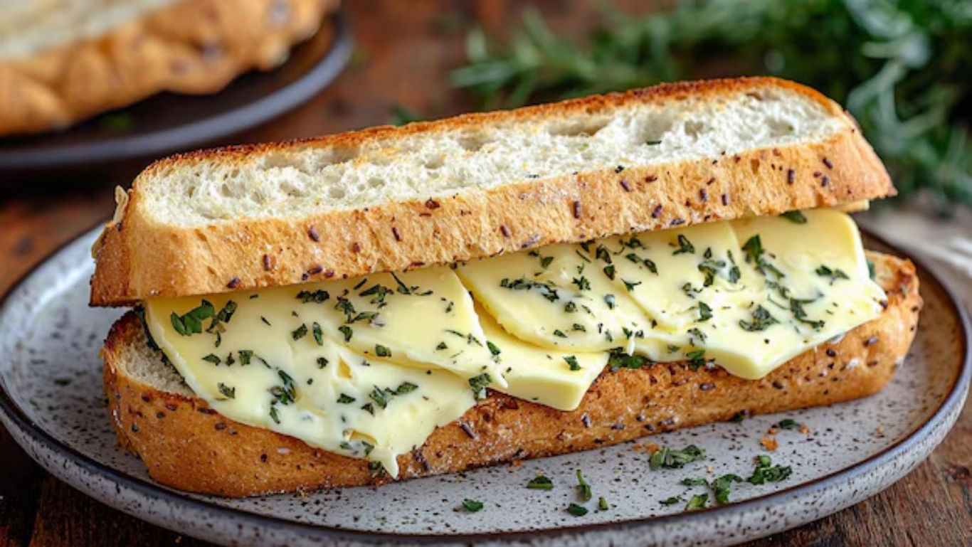 Herb-seasoned cheese sandwich on rustic bread