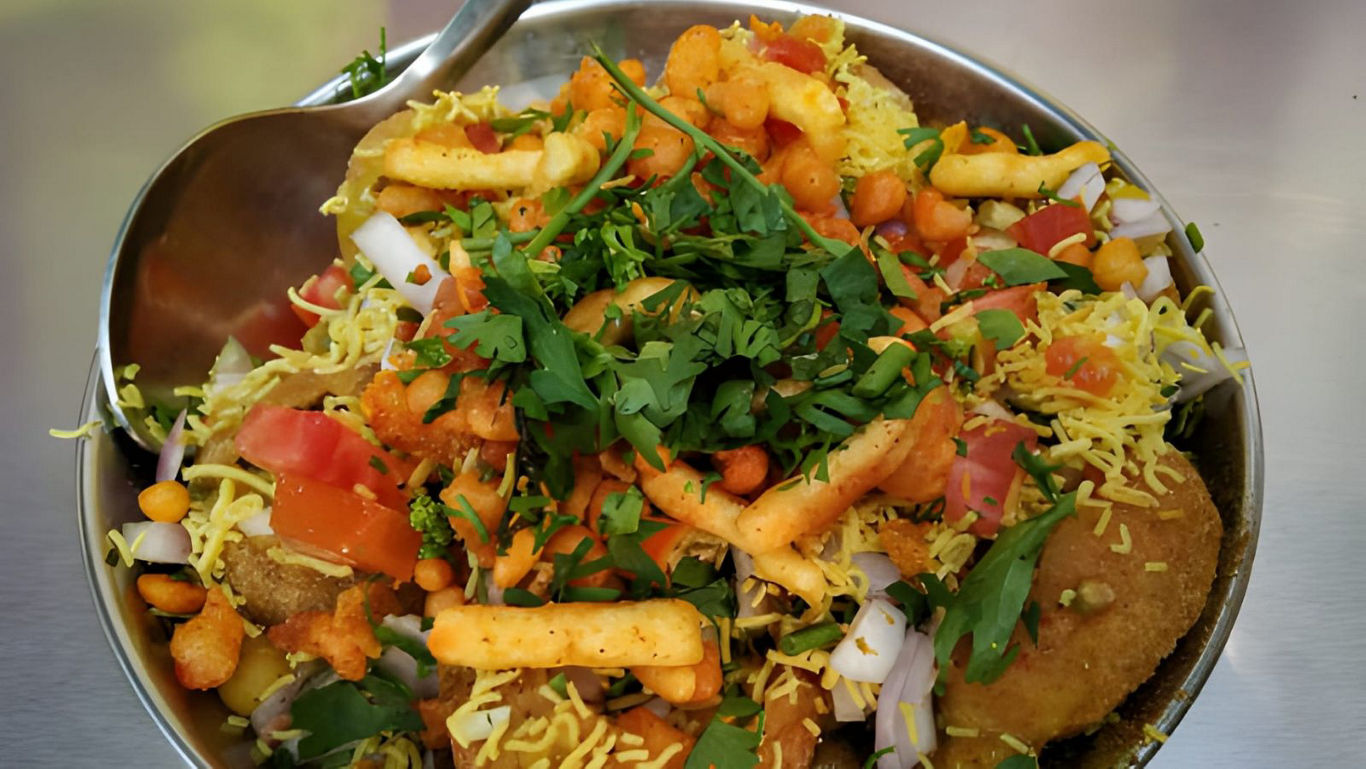 Indian street food chaat in metal bowl