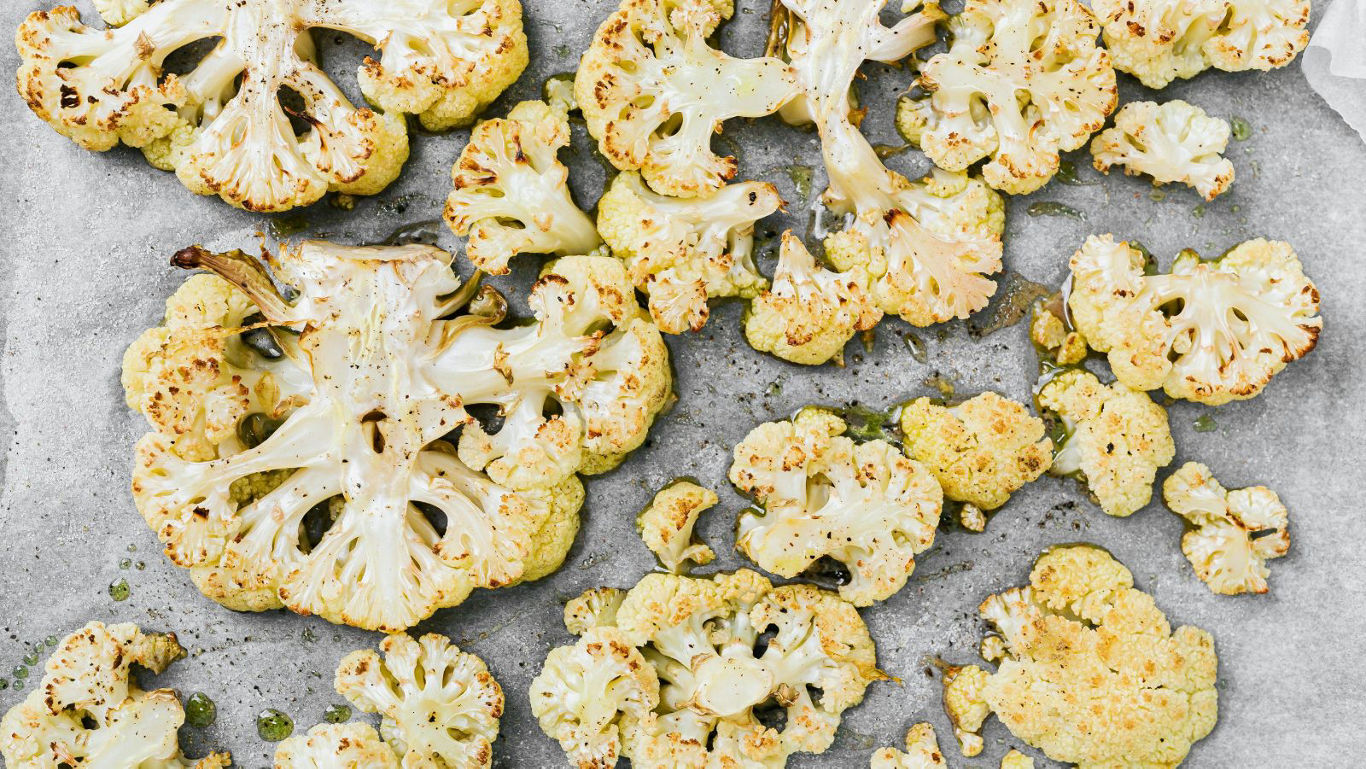 Roasted Cauliflower Slices on Baking Sheet