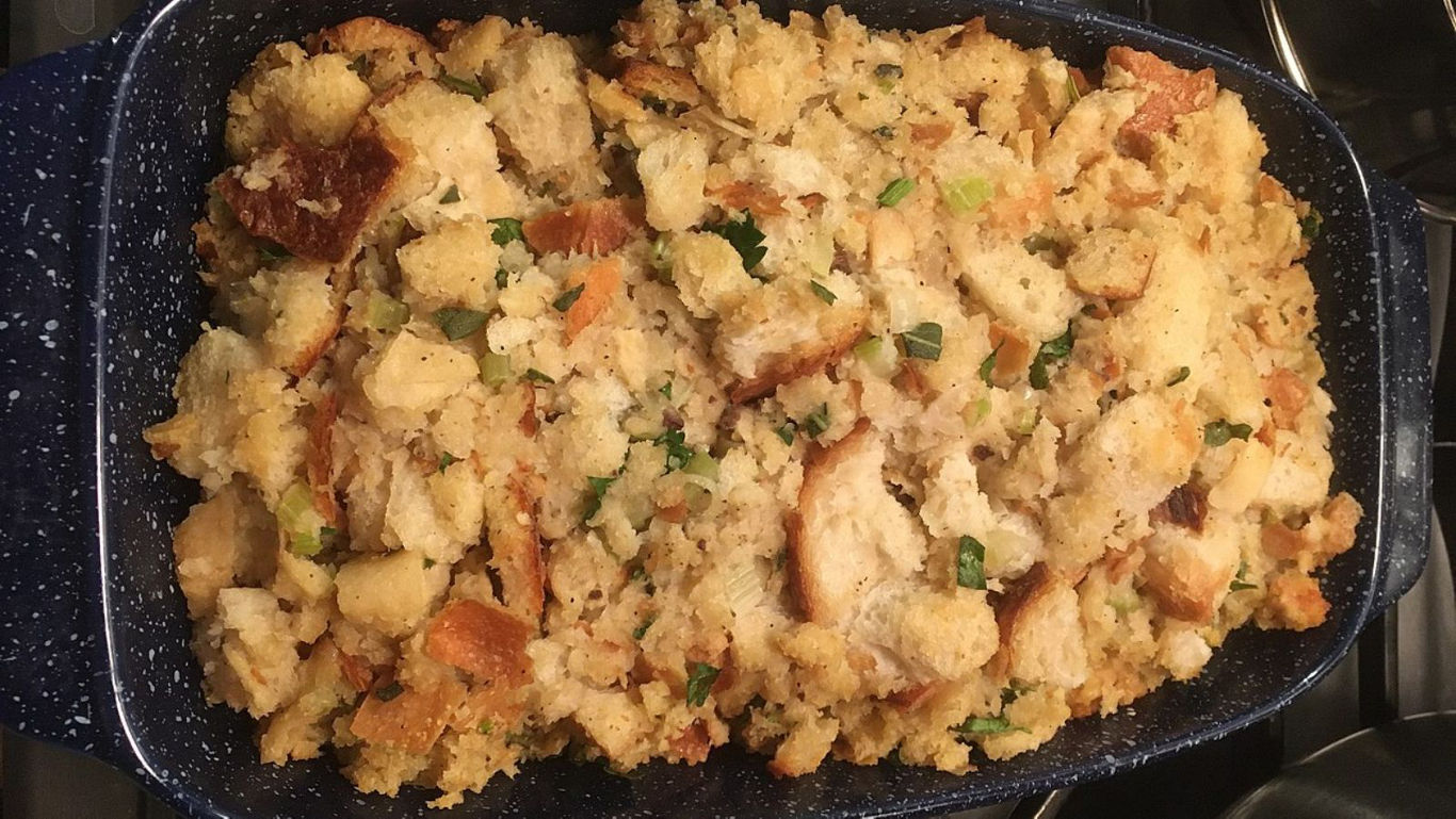 Homemade bread stuffing in baking dish