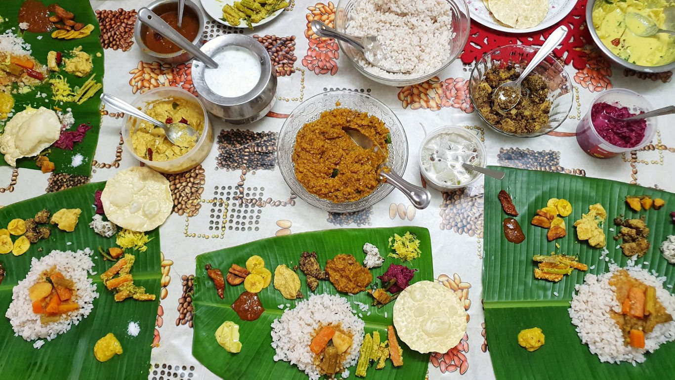 Traditional Indian banana leaf festive meal