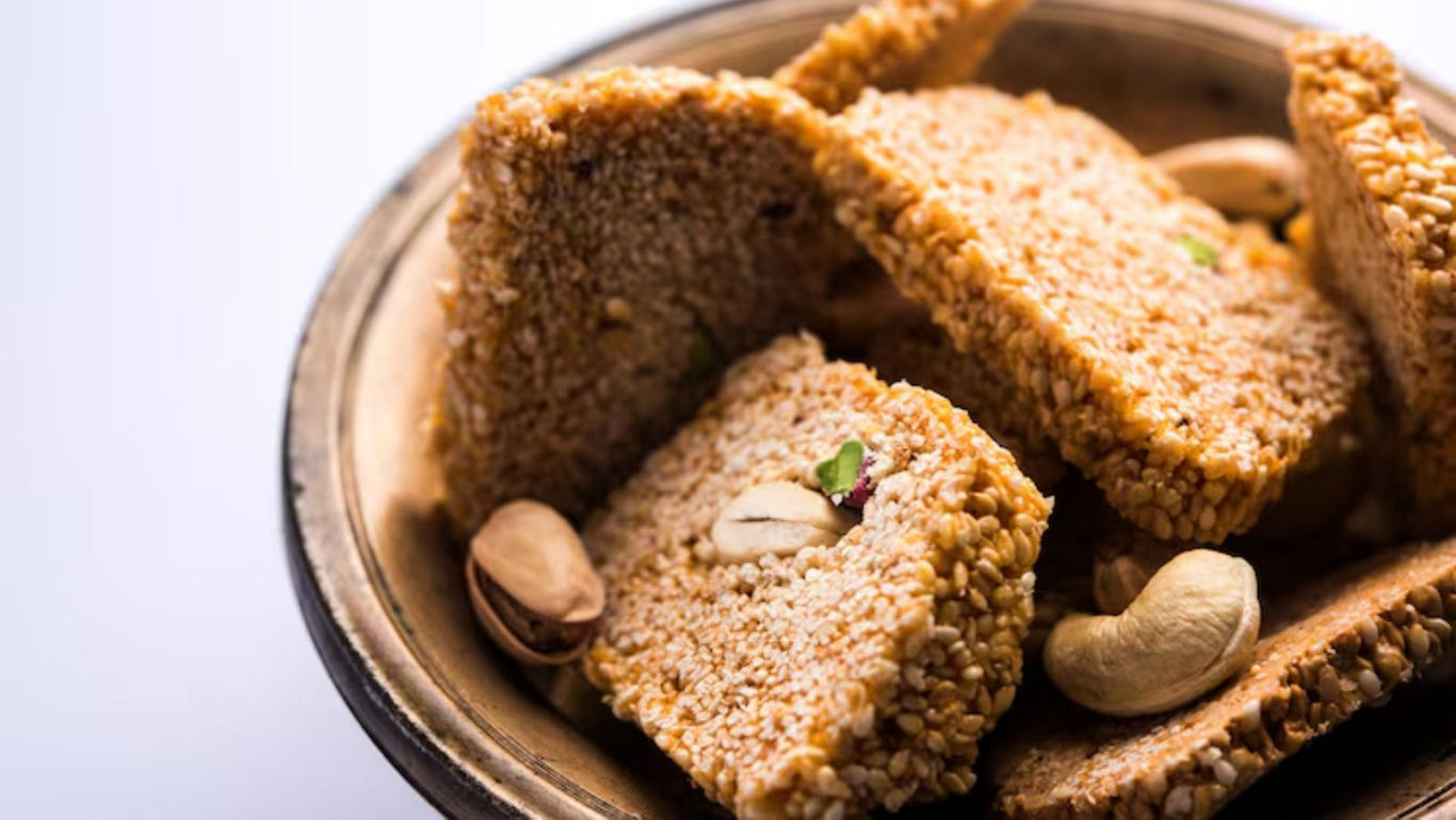 Close-up of sesame brittle with nuts