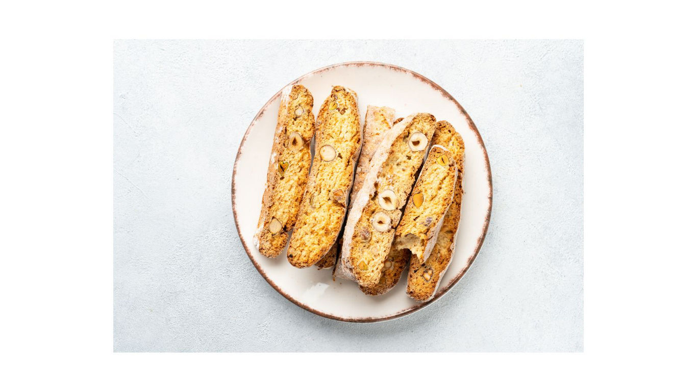 Plate of crunchy nut biscotti slices