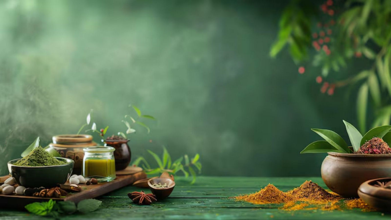 Herbal powders and spices on wooden table