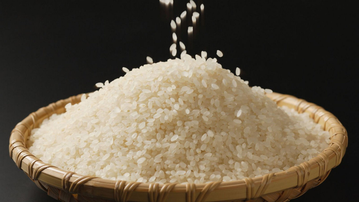 Pile of white rice in woven basket