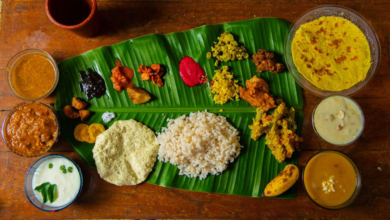 Traditional South Indian banana leaf feast