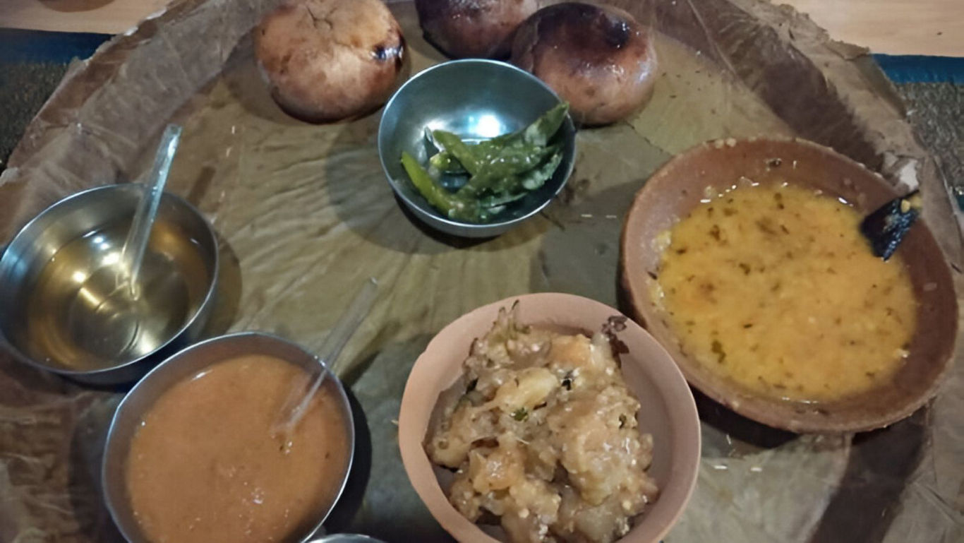 Traditional Indian meal with lentils and bread