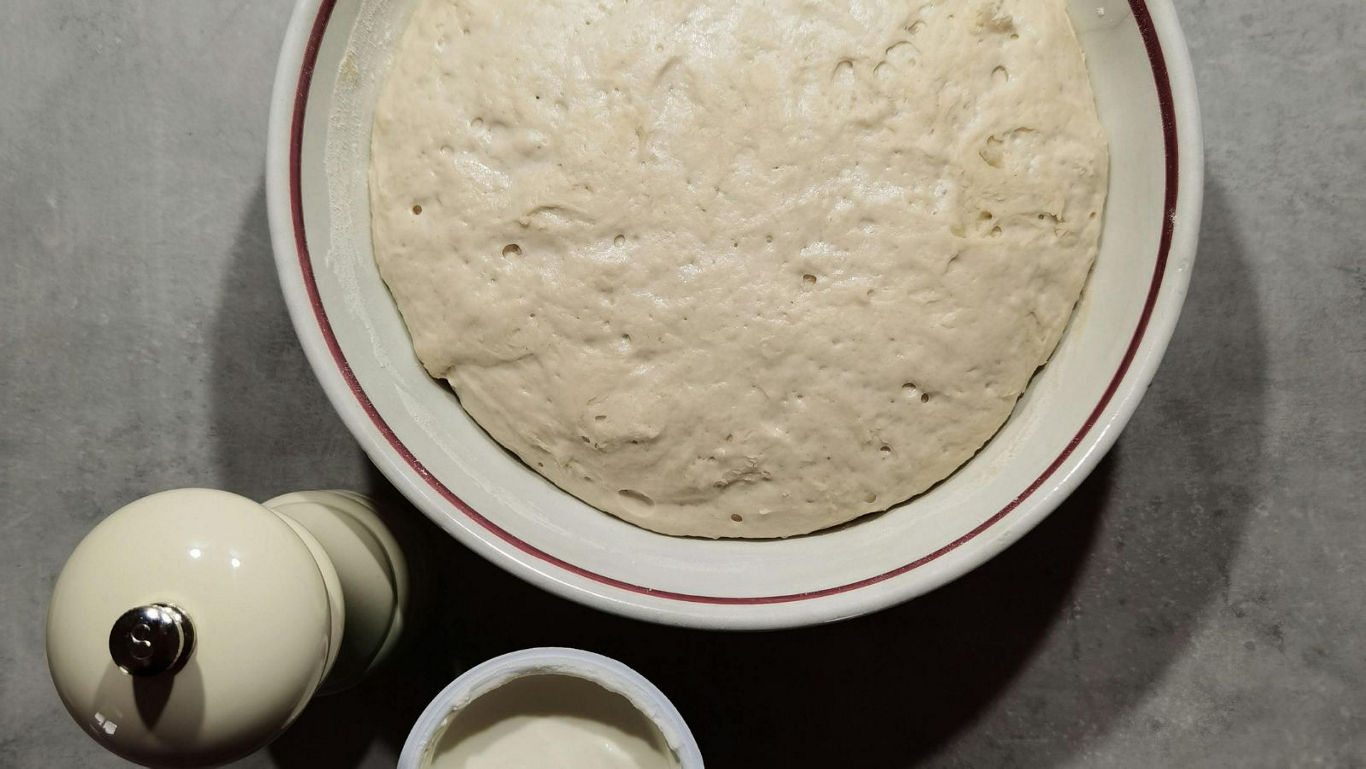 Risen bread dough in mixing bowl