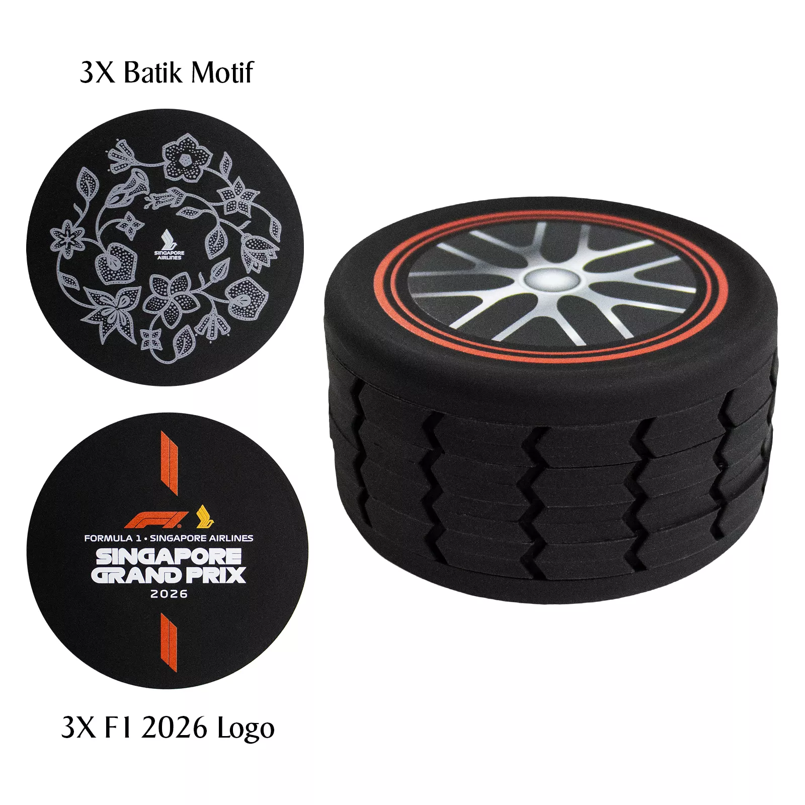 SET OF 6 RACE CAR TYRE COASTERS FOR FORMULA 1 SINGAPORE AIRLINES SINGAPORE GRAND PRIX 2026