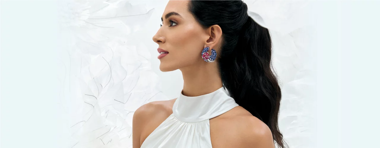 Model highlighting statement gemstone earrings by Garden of Emotions