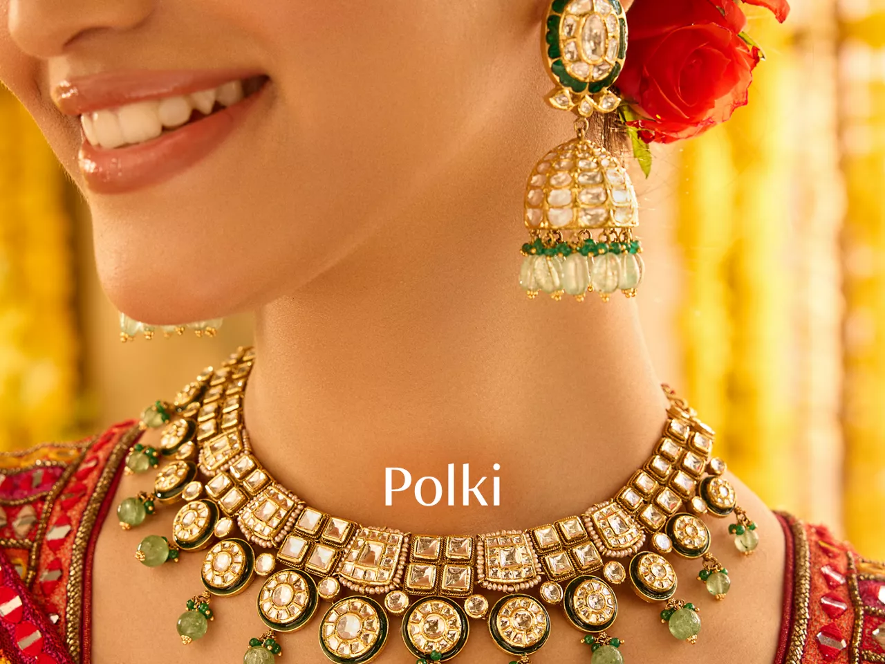 Close-up of polki necklace and jhumki earrings with green beads and "Polki" text.