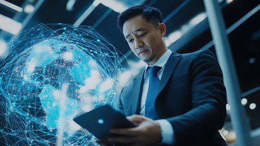 A businessman analyzing data on a tablet