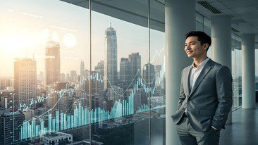 A businessman looking out the window thoughtfully.