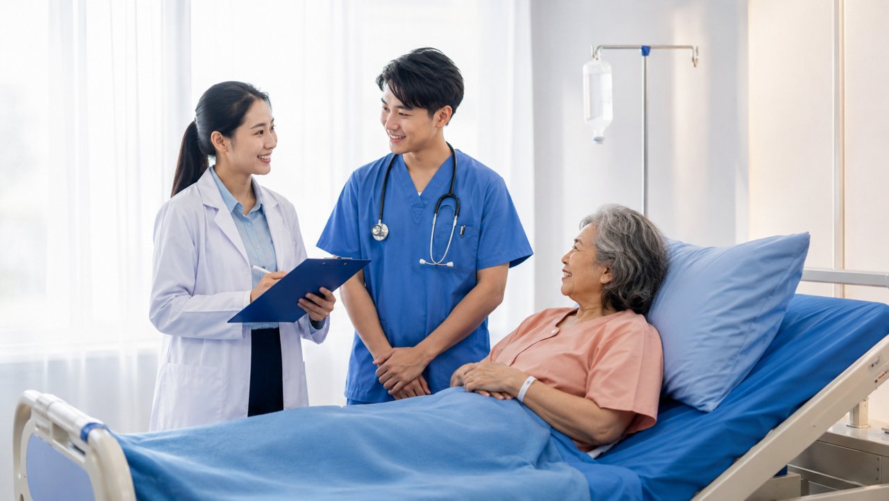 A doctor and nurse discussing with a patient