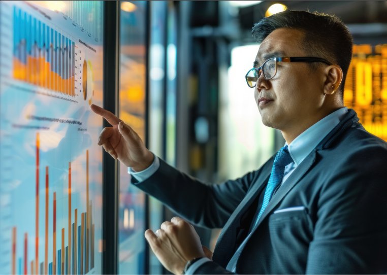A businessman analyzing data on the wide screen