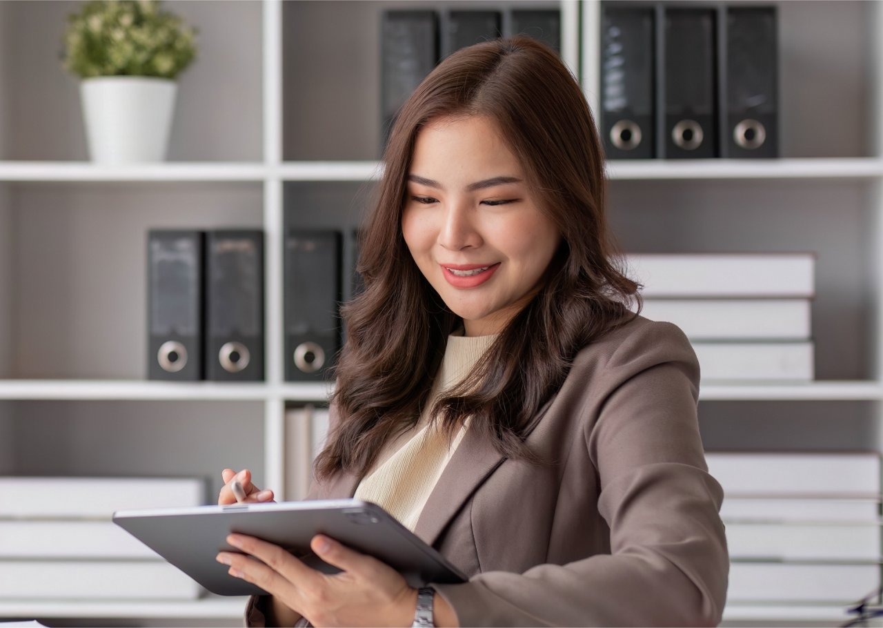 A businesswoman reviewing information on the tablet.