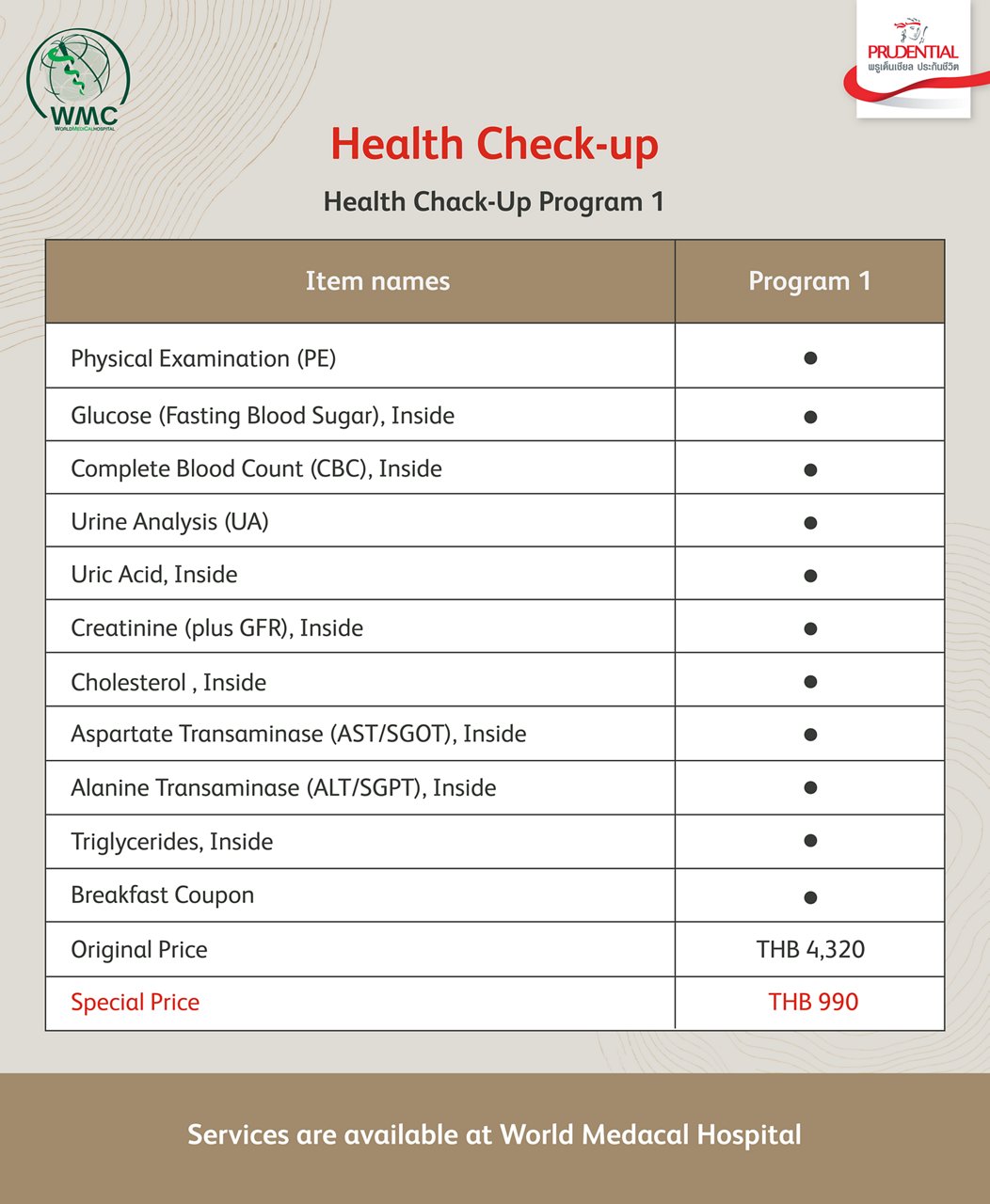 Get a special-priced health check-up program 1 for THB 990 at World Medical Hospital