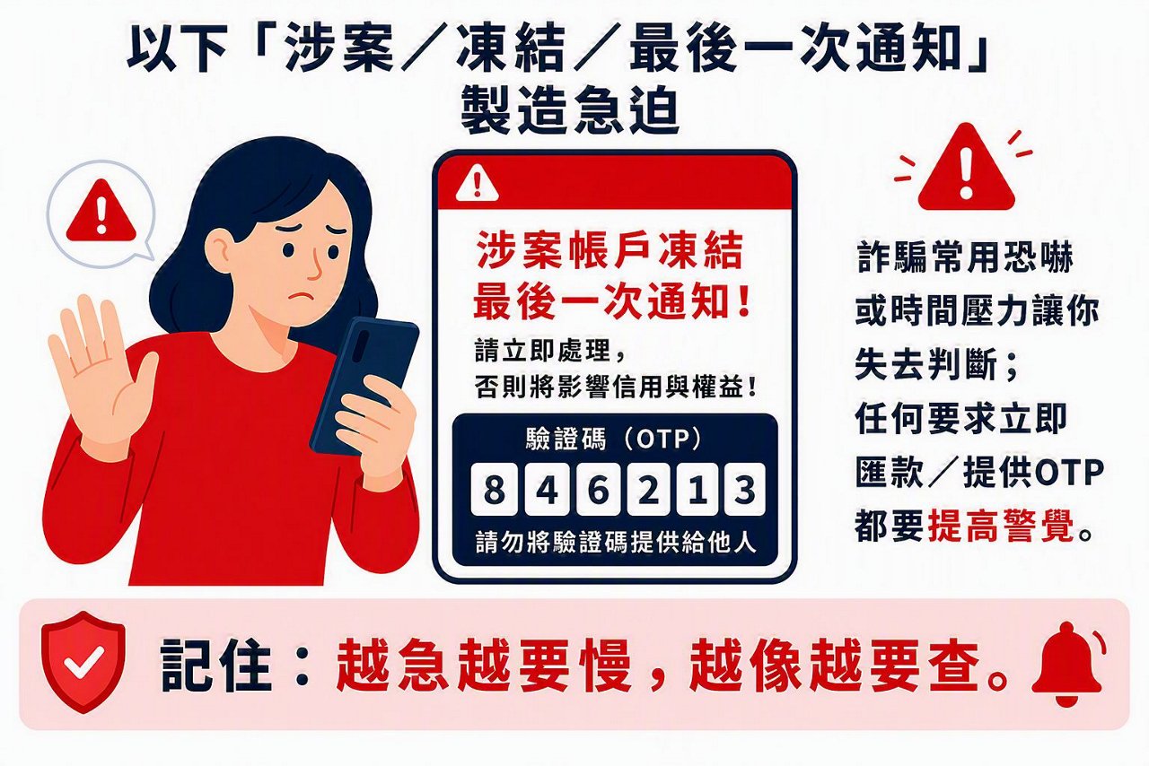 以「涉案／凍結／最後一次通知」製造急迫