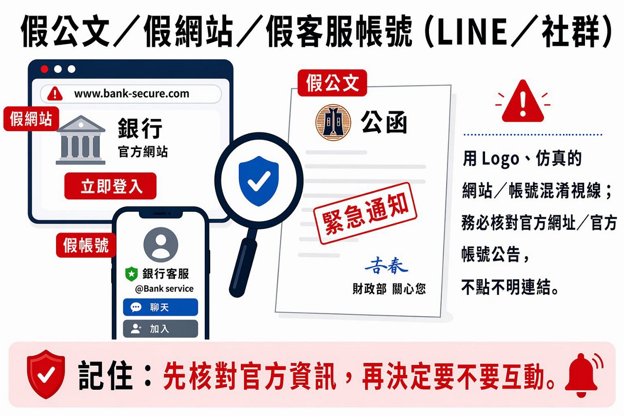 假公文/假網站/假客服帳號（LINE/社群） 用Logo、仿真的網站/帳號混淆視線；務必核對官方網址/官方帳號公告，不點不明連結。