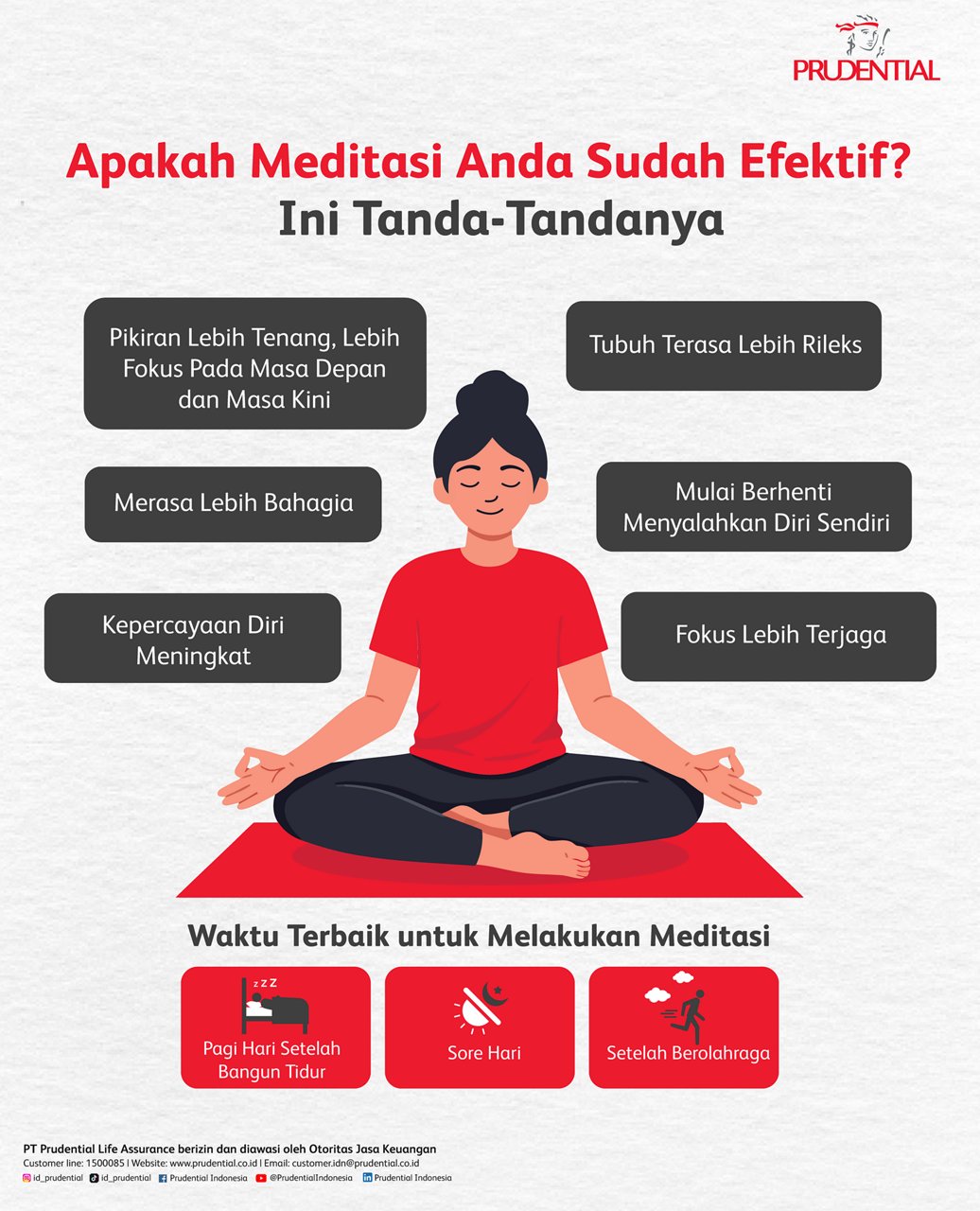 An infographic features a person meditating on a red mat, surrounded by benefits of effective meditation such as increased relaxation, happiness, and focus. The setting is calm, with a neutral background and clear visual cues for meditation times: morning, midday, and after exercise. The Prudential logo is visible at the top, and the text highlights positive mental and emotional outcomes.
