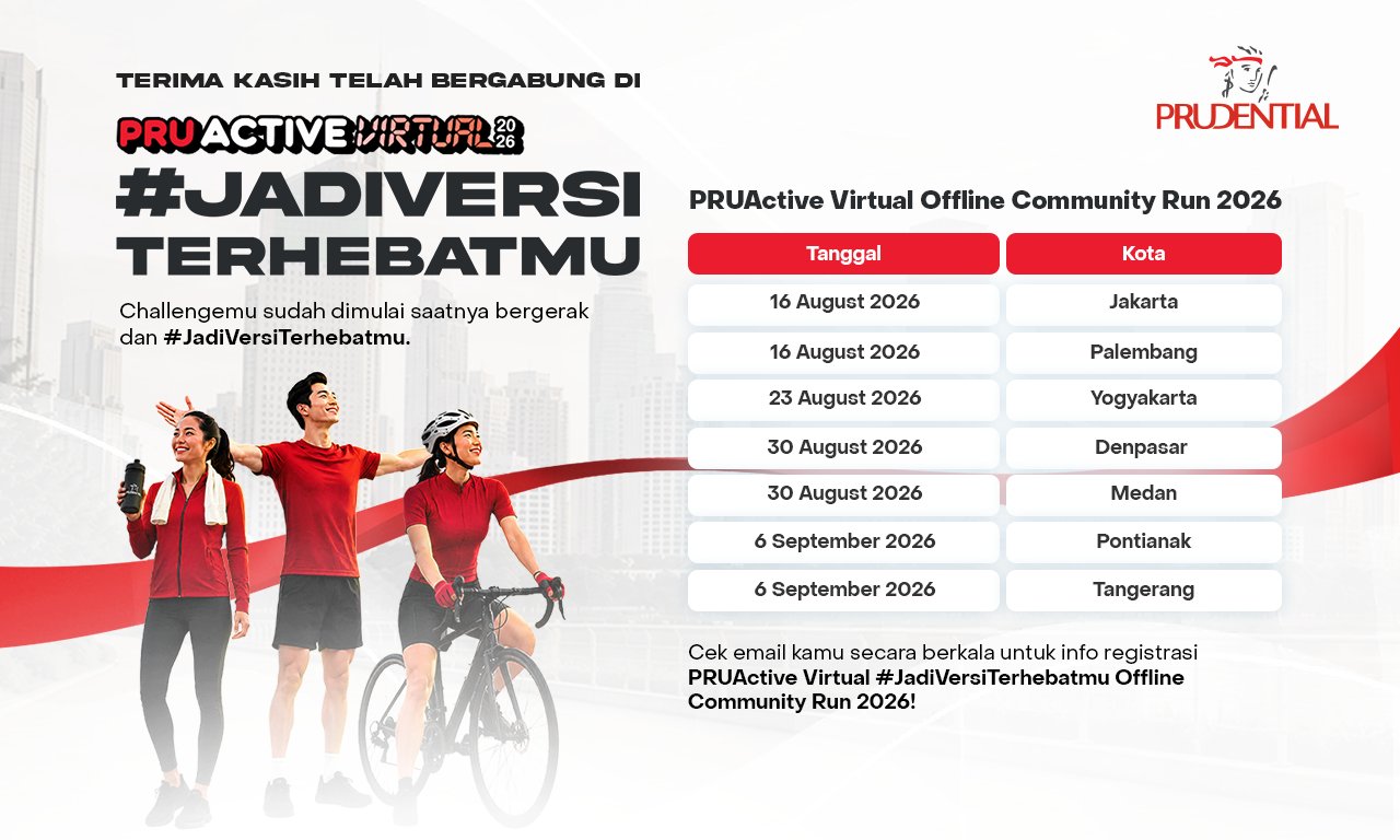 Promotional visual for the PRUActive Virtual Offline Community Run 2026 by Prudential. The design features three active participants running and cycling against a cityscape background with red graphic accents. A schedule lists event dates and cities including Jakarta, Palembang, Yogyakarta, Denpasar, Medan, Pontianak, and Tangerang, spanning from 16 August 2026 to 6 September 2026. Text highlights the hashtag #JADIVERSITERHEBATMU and invites viewers to check email for registration details.