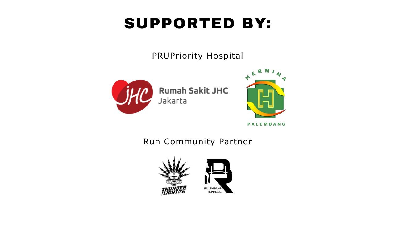 Digital graphic listing event supporters and partners. The text highlights PRUPriority Hospital and Rumah Sakit JHC Jakarta with a red heart-shaped JHC mark. Below, the Run Community Partner section features stylized emblems for TNRunners and Relentless Runners. The layout is minimal with black text on a white background, emphasizing the supporter names.