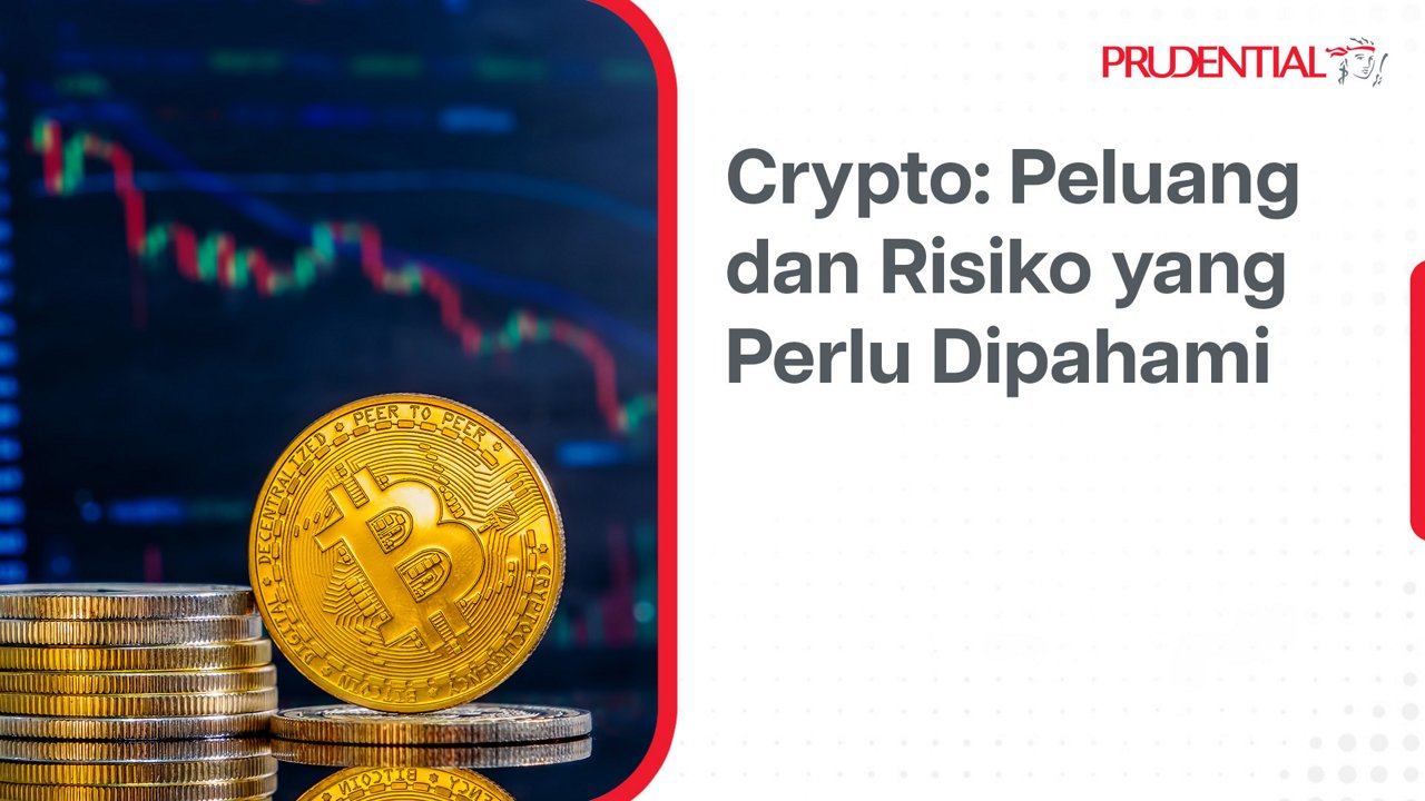 Sebuah ilustrasi menampilkan koin emas bertema Bitcoin di depan tumpukan koin lain. Di latar belakang terlihat grafik harga kripto berwarna dengan tren menurun pada layar digital. Di sisi kanan terdapat teks berbahasa Indonesia yang berbunyi "Crypto: Peluang dan Risiko yang Perlu Dipahami". Komposisi visual menggabungkan nuansa teknologi keuangan modern dengan pesan edukatif mengenai peluang dan risiko aset kripto.