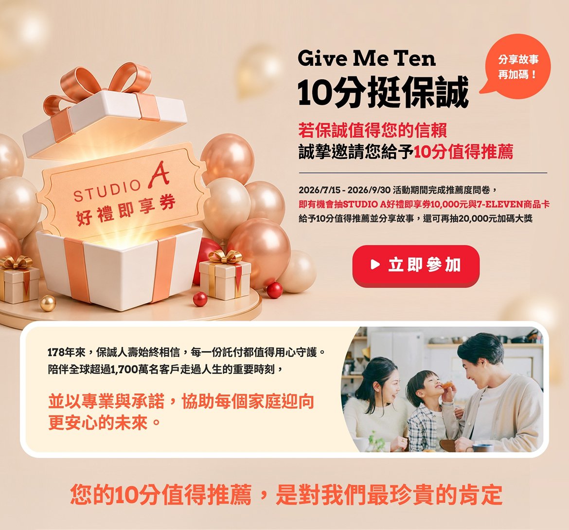 10分挺保誠 保誠人壽推薦度問卷抽獎活動
