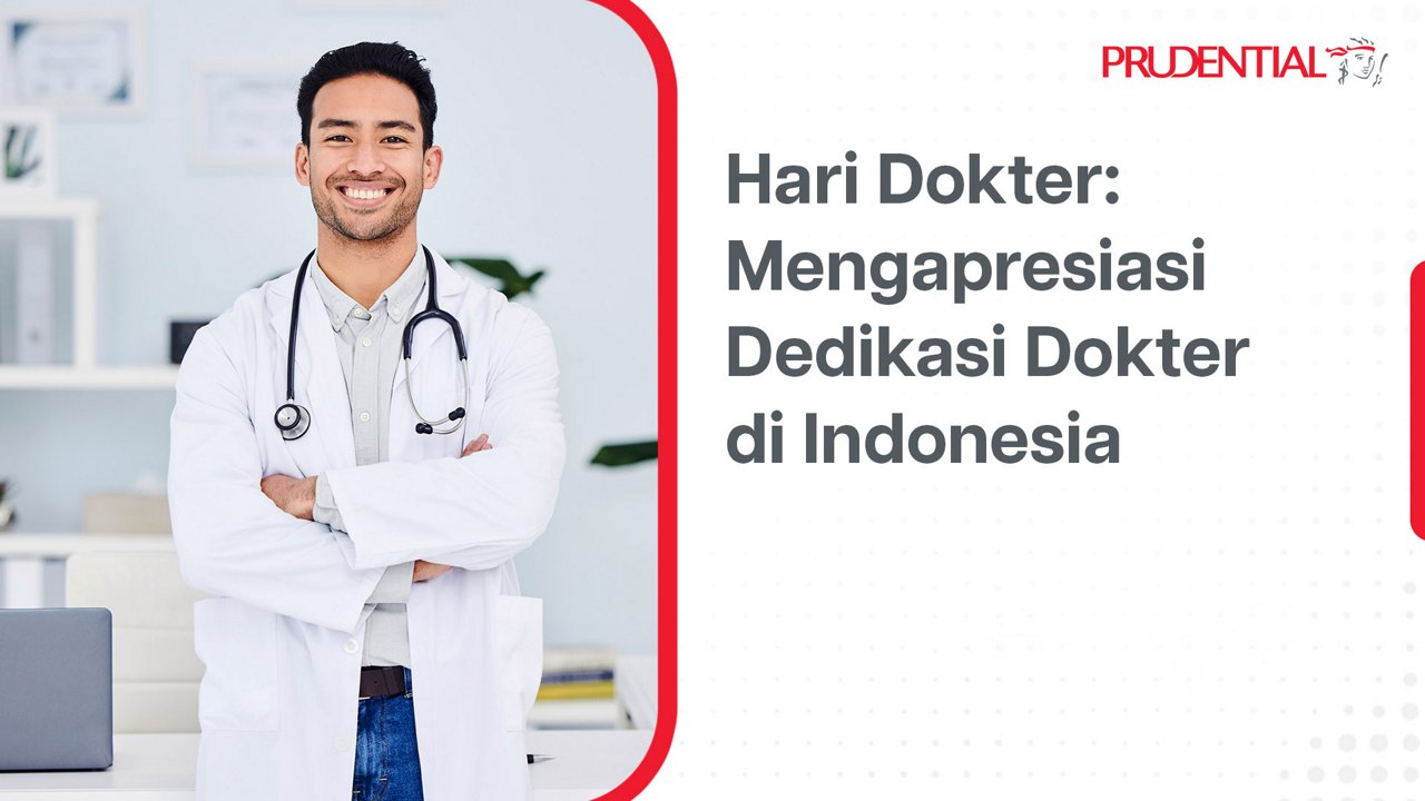 Seorang dokter muda berdiri tersenyum dengan tangan terlipat di ruang praktik modern. Ia mengenakan jas putih dan stetoskop, mencerminkan profesionalisme dan kepercayaan diri. Di sisi kanan terdapat teks bahasa Indonesia yang bertuliskan "Hari Dokter: Mengapresiasi Dedikasi Dokter di Indonesia". Nuansa desain bersih dengan dominasi warna putih, merah, dan abu-abu, serta elemen grafis minimalis.