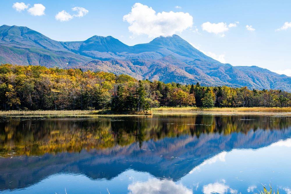 Shiretoko Goko Lakes (Shiretoko Five Lakes) [2nd Lake] and Shiretoko Mountains with autumn leaves, Shiretoko, Hokkaido, Japan